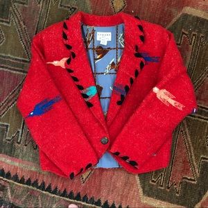 Red Women's Jacket with Bird Design
